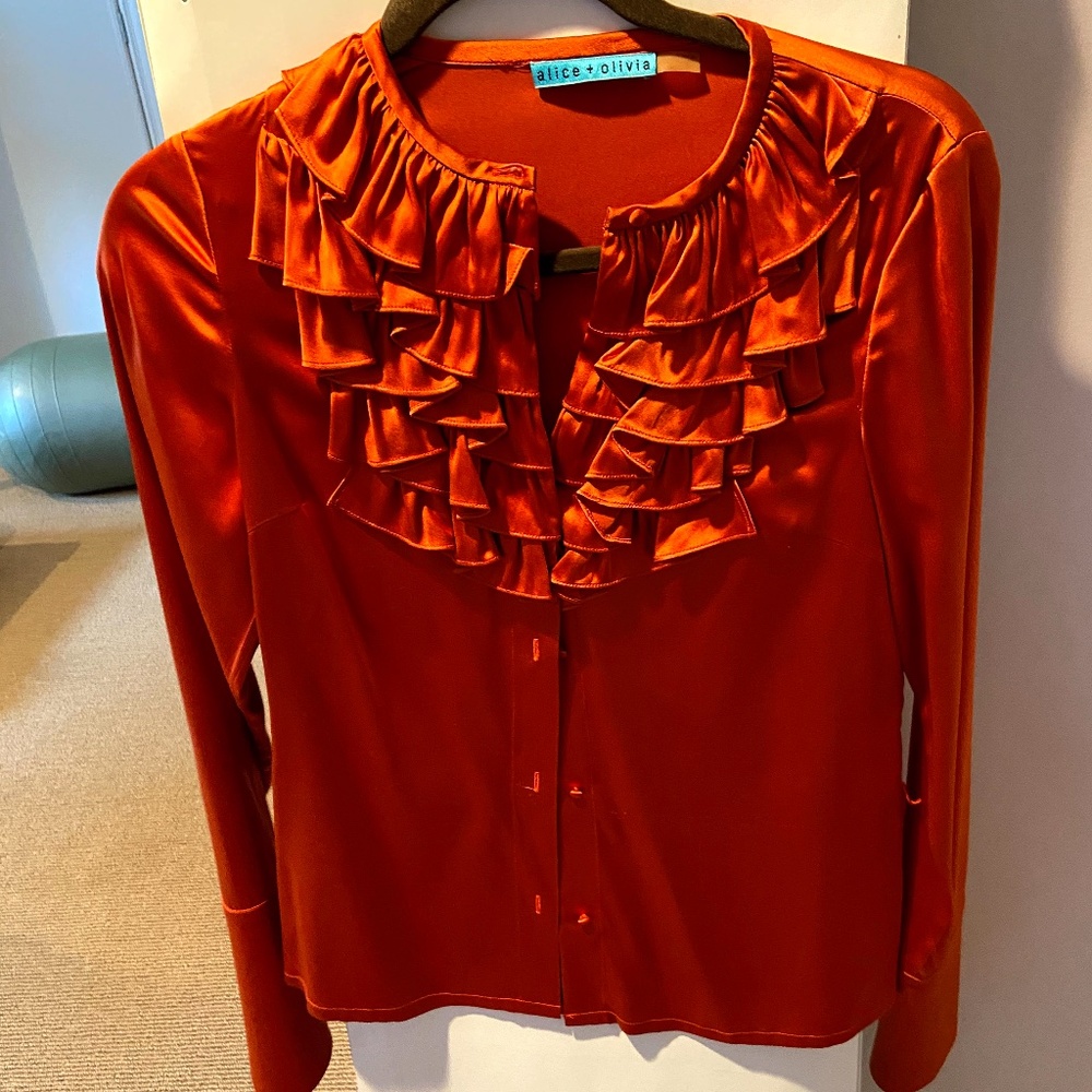 Alice and Olivia ruffle orange silk blouse